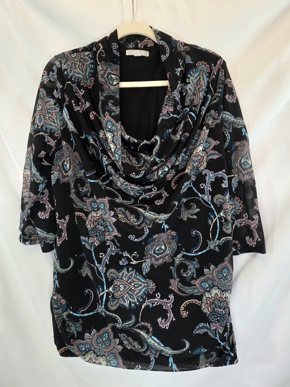 Dana Buchman Whimsigoth Paisley Casual Low Cowl Neck Blouse Black Floral Size L